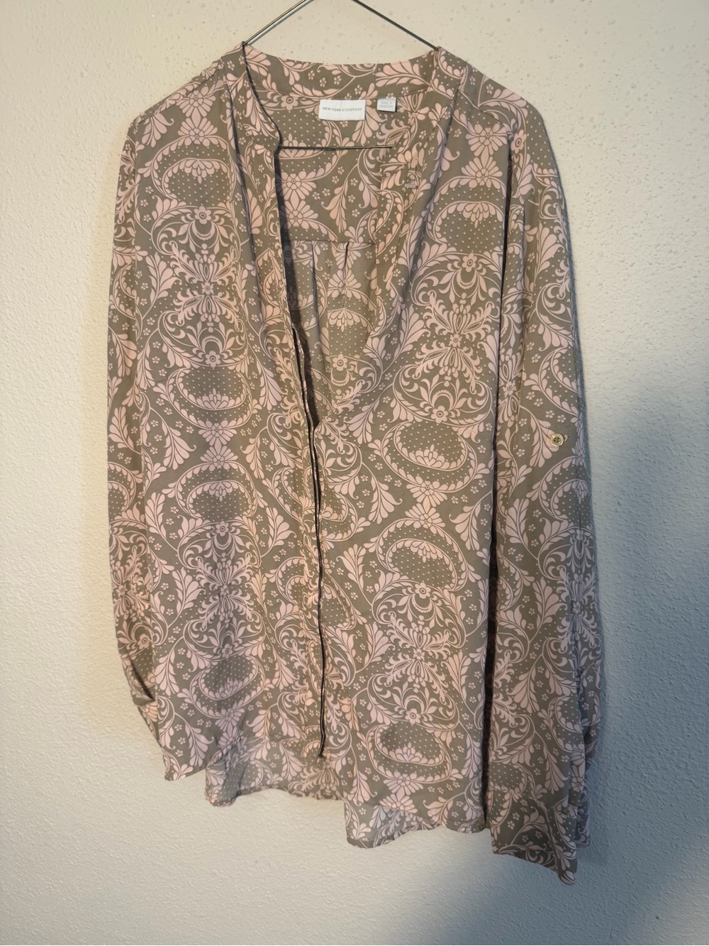 New York & Company Taupe and Cream Floral Blouse